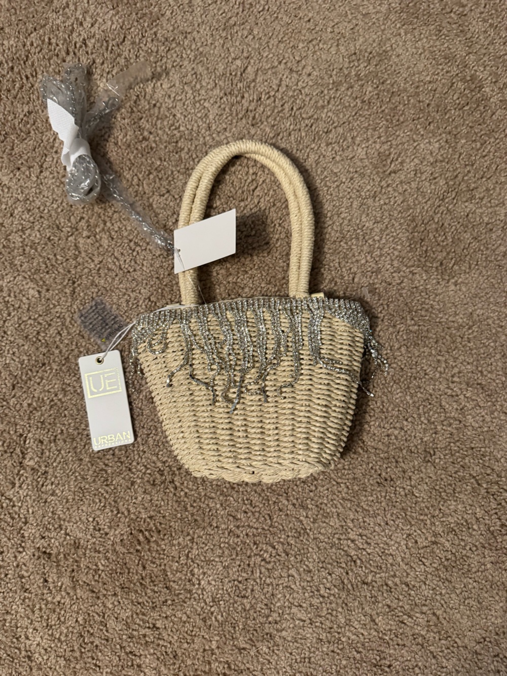 Urban Expressions Beige Straw Tote with Silver Fringe Detail